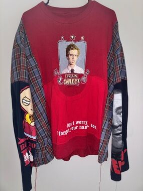 Men's Red Graphic Patchwork Shirt - Mixed Plaid Sleeves